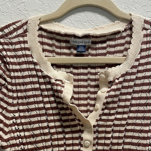 American Eagle Brown & Cream Striped Ribbed Henley Tee - Picture 2 of 5